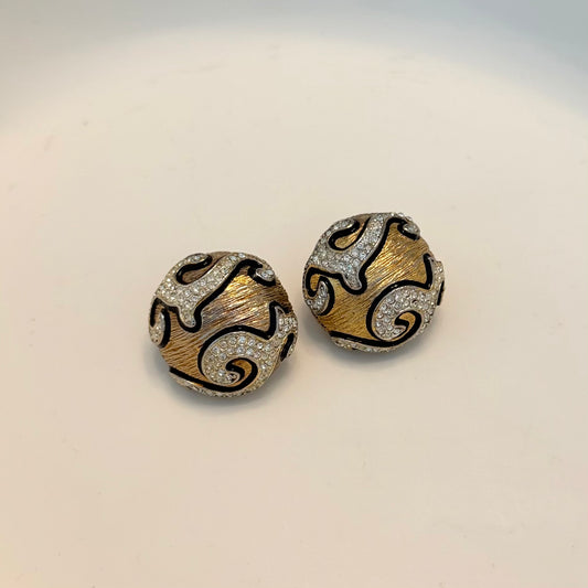 Vintage Round Gold Black and Rhinestone Chunky Earring Clip on