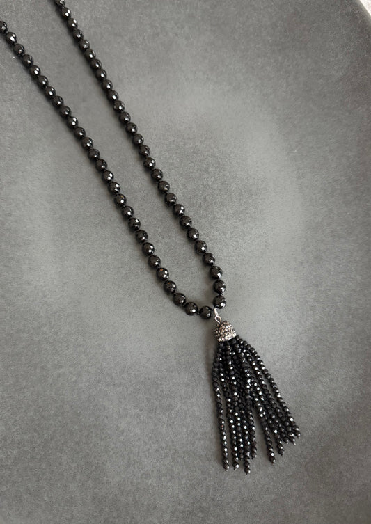 Vintage Black Beaded Tassel Pendant Necklace