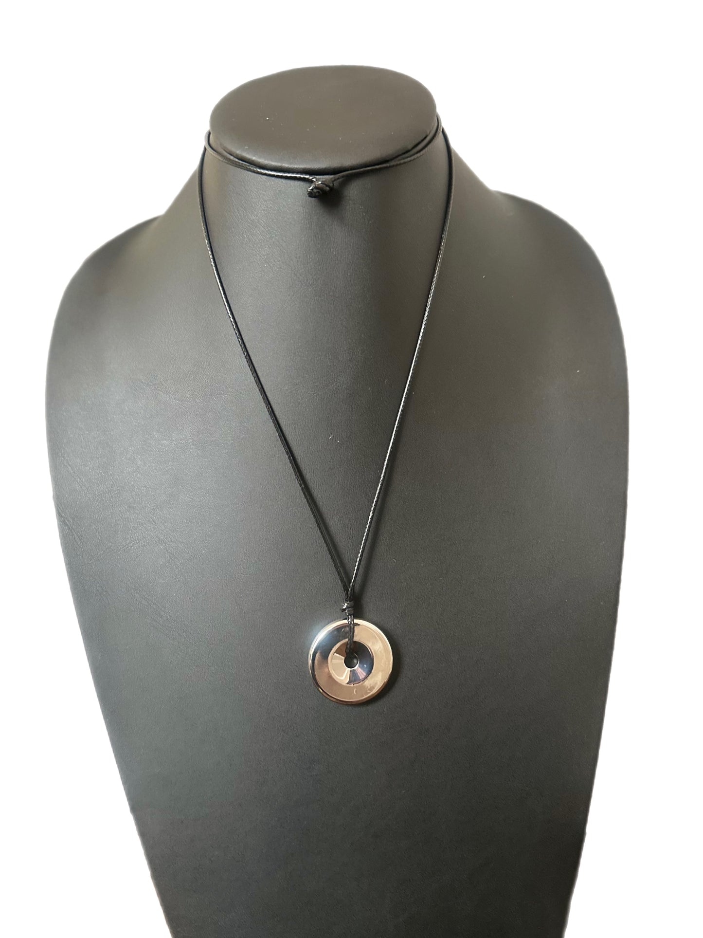 Black Cord Silver Round Pendant Necklace