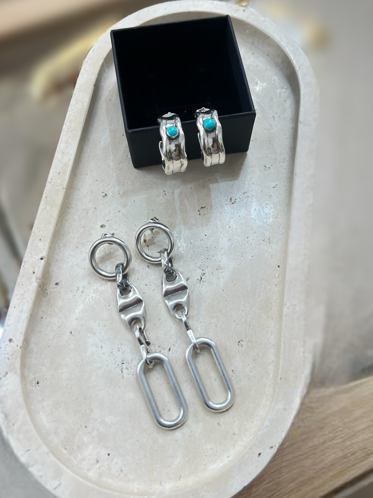 Hammered Silver Hoop With Turquoise Earrings