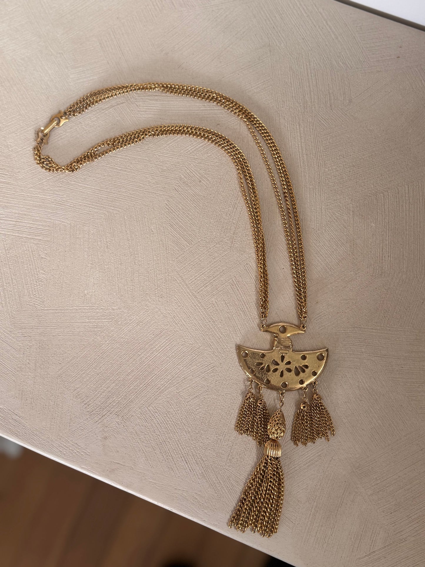 Vintage Gold Plated Tassel Statement Necklace 