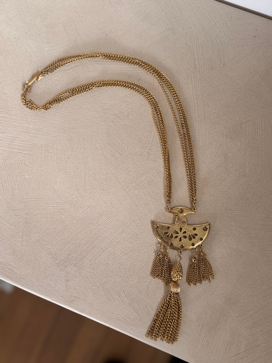 Vintage Gold Plated Tassel Statement Necklace 