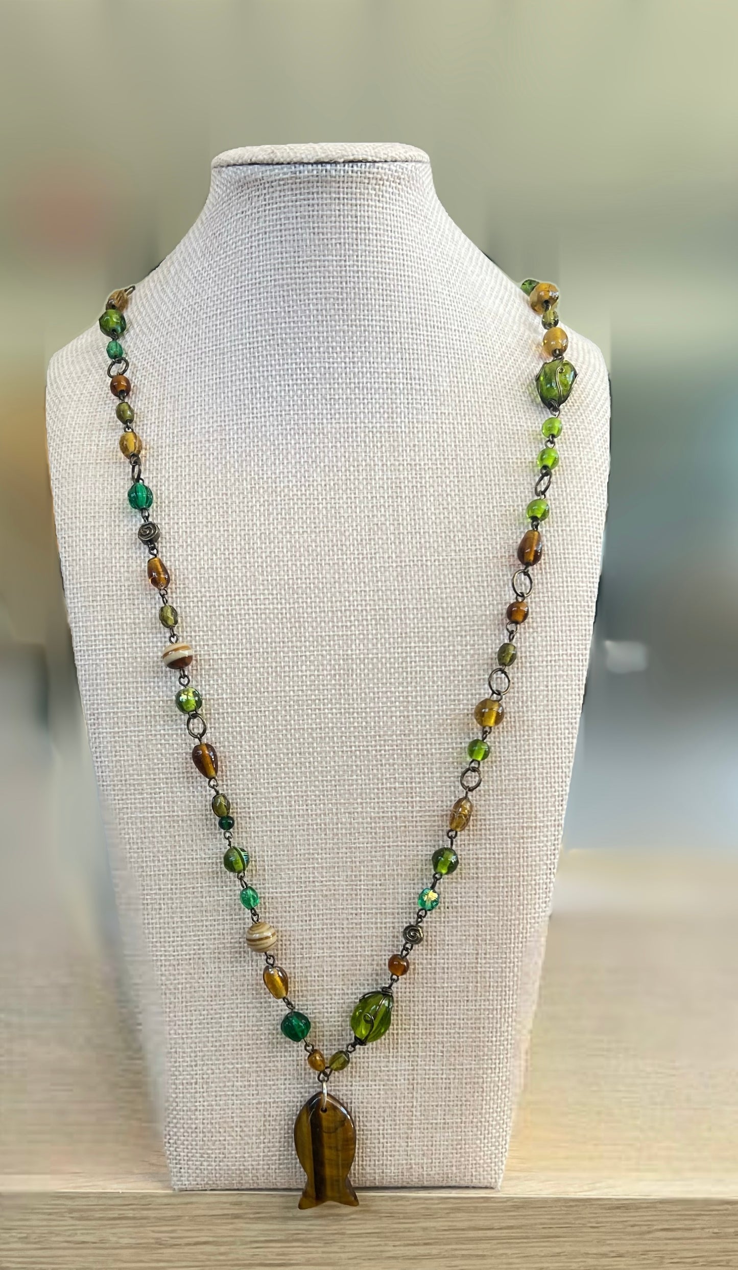 Green And Brown Beaded Fish Necklace