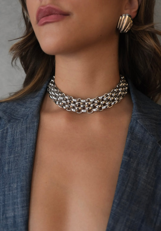 Silver Triple Row Chunky Choker Necklace