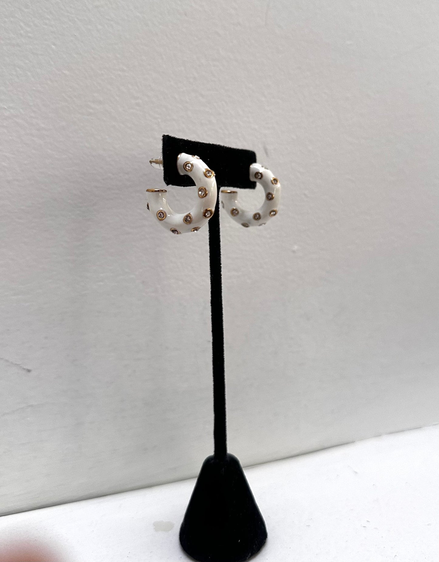 White Enamel and CZ Hoop Earrings