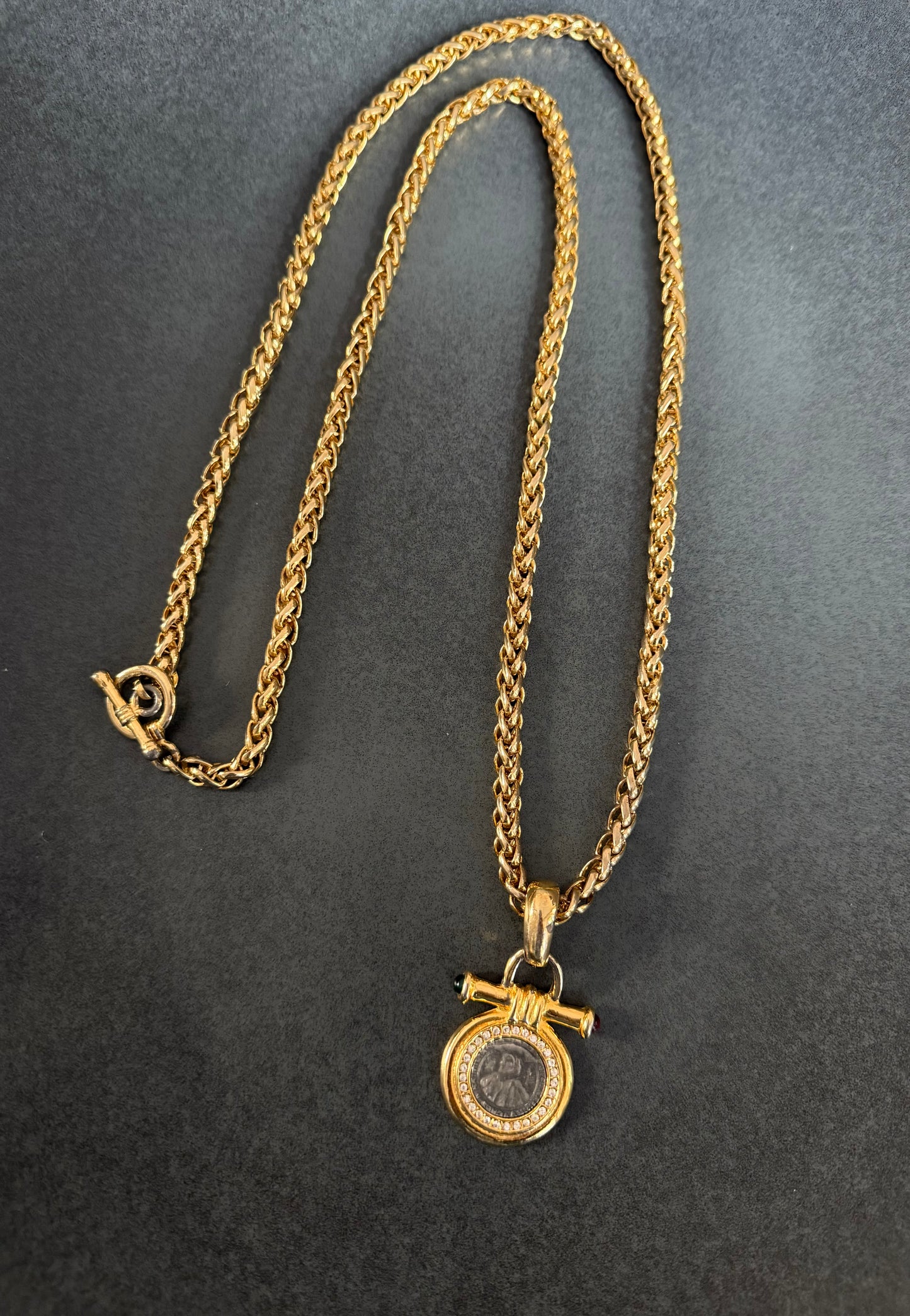 Vintage Coin Medallion Pendant With Clear Red Green Crystal Accents Gold Tone Metal Byzantine Link Chain Necklace