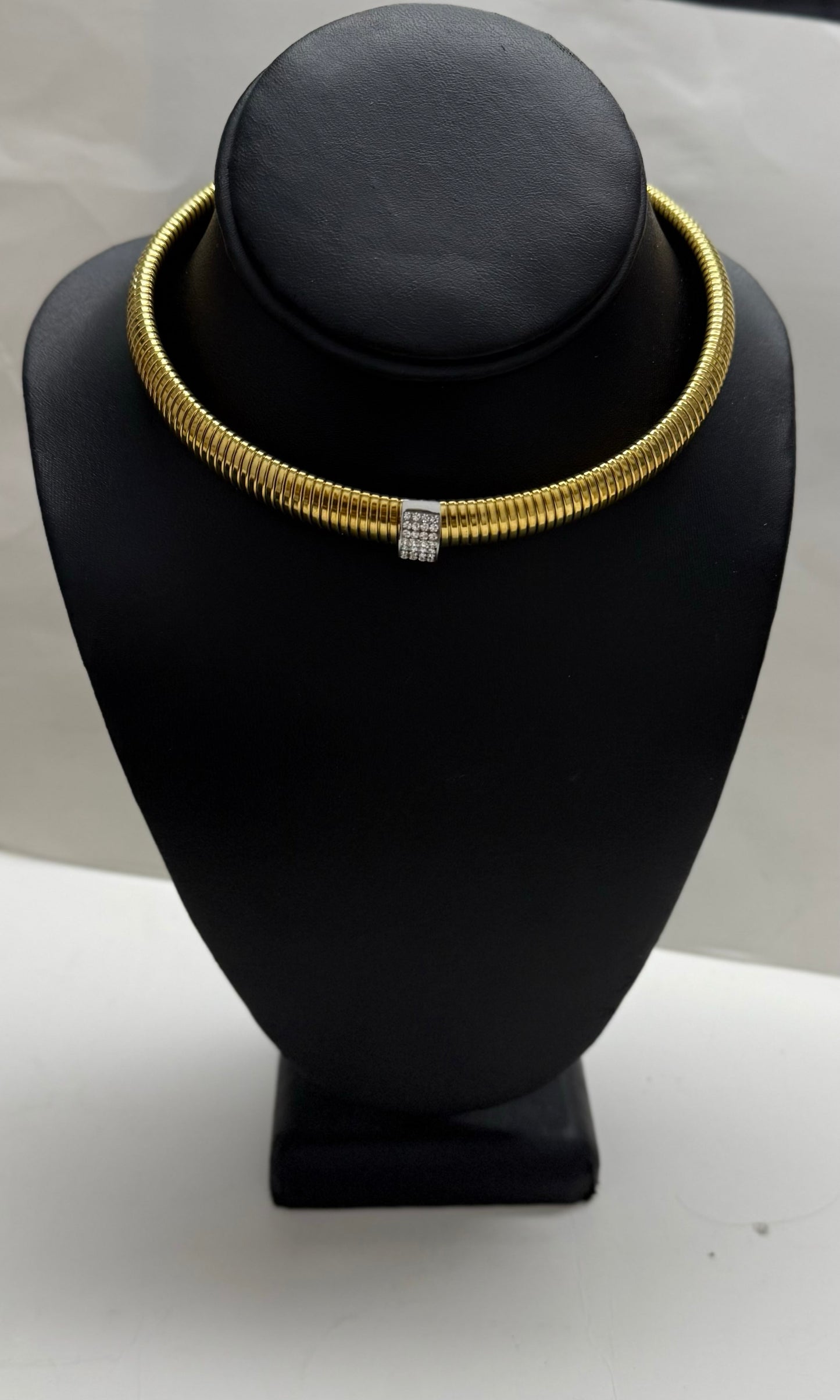 Gold Ribbed And Crystal Choker Necklace