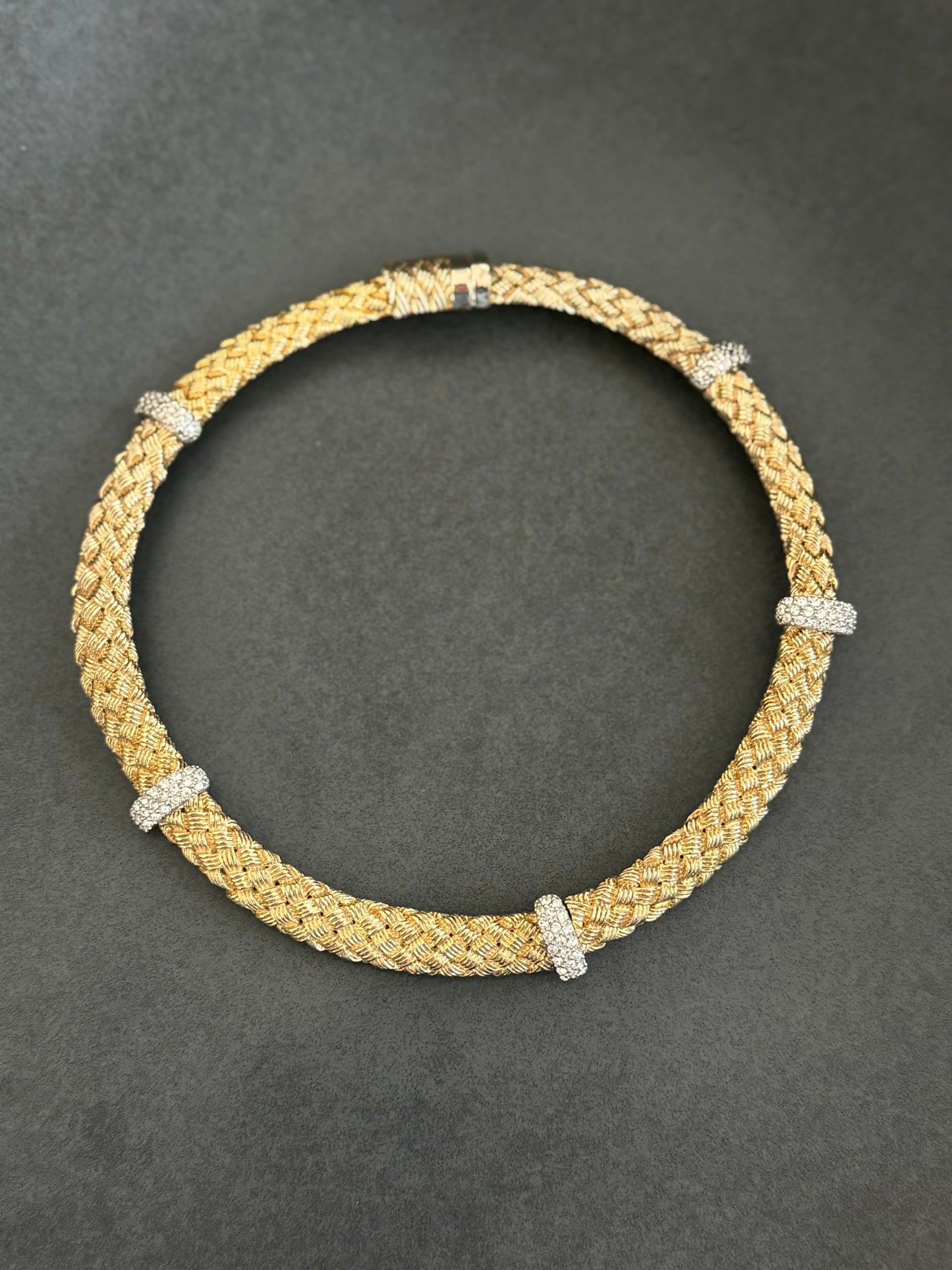 Vintage Collar Choker Necklace Crystal Weaved Brushed Gold Chunky 1980s