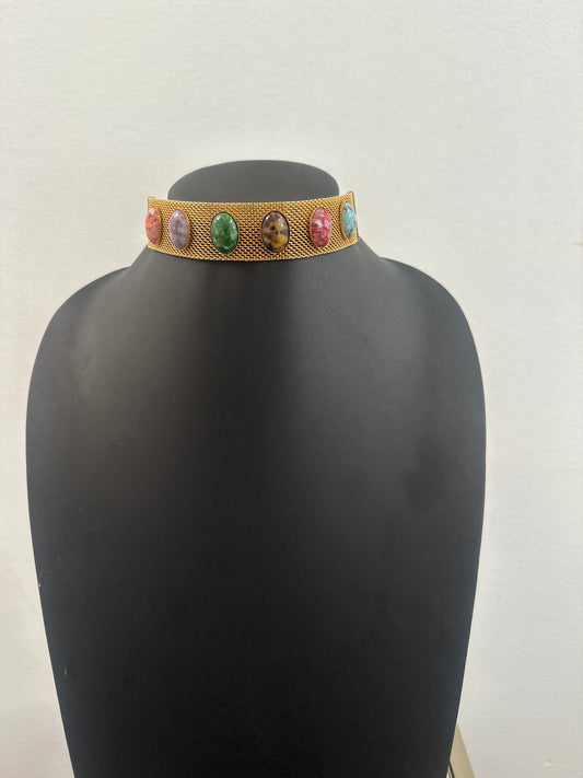 Vintage Gold Mesh and Cabochon Choker
