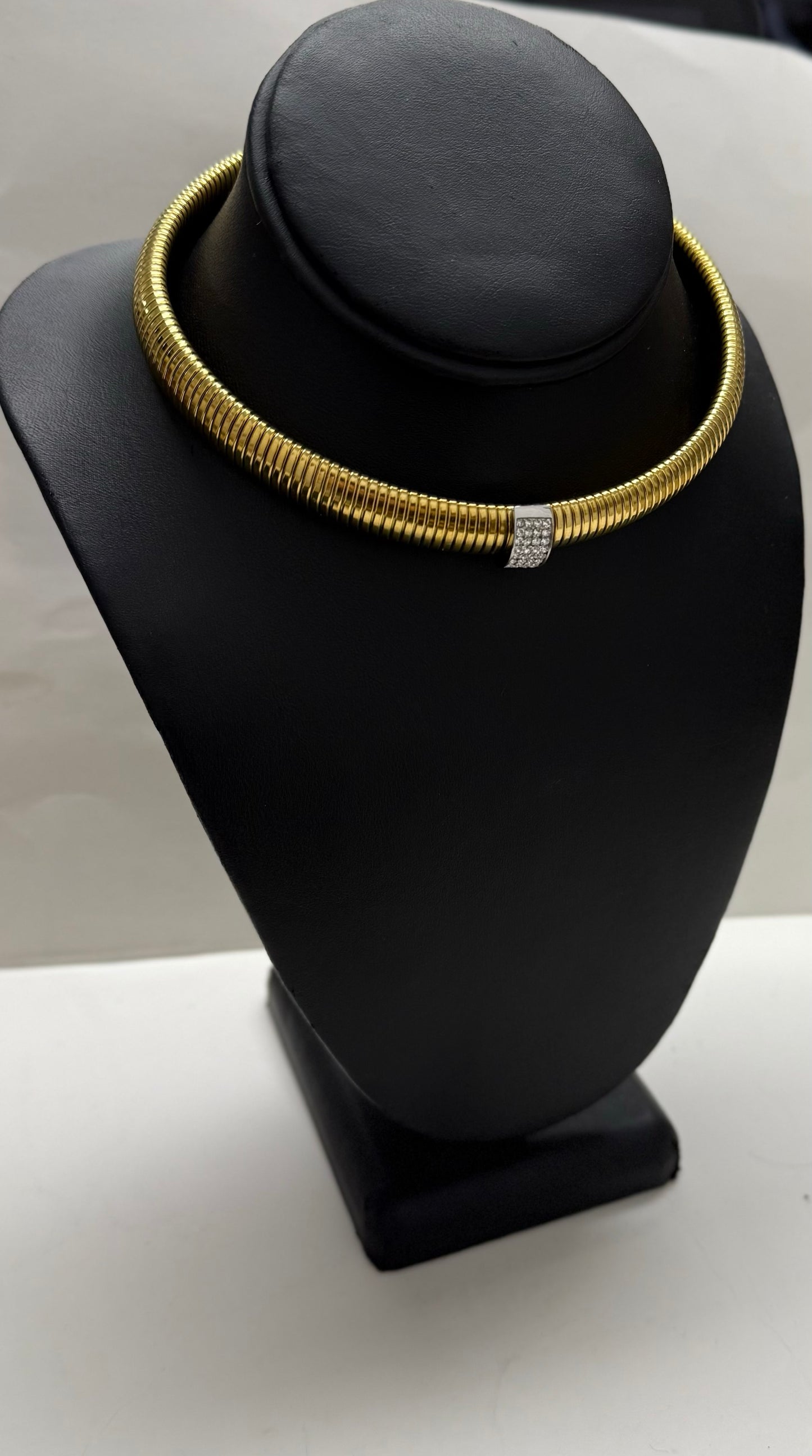 Gold Ribbed And Crystal Choker Necklace