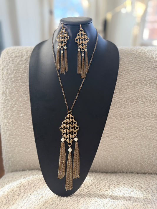 Gold and Pearl Tassel Necklace & Earrings Set