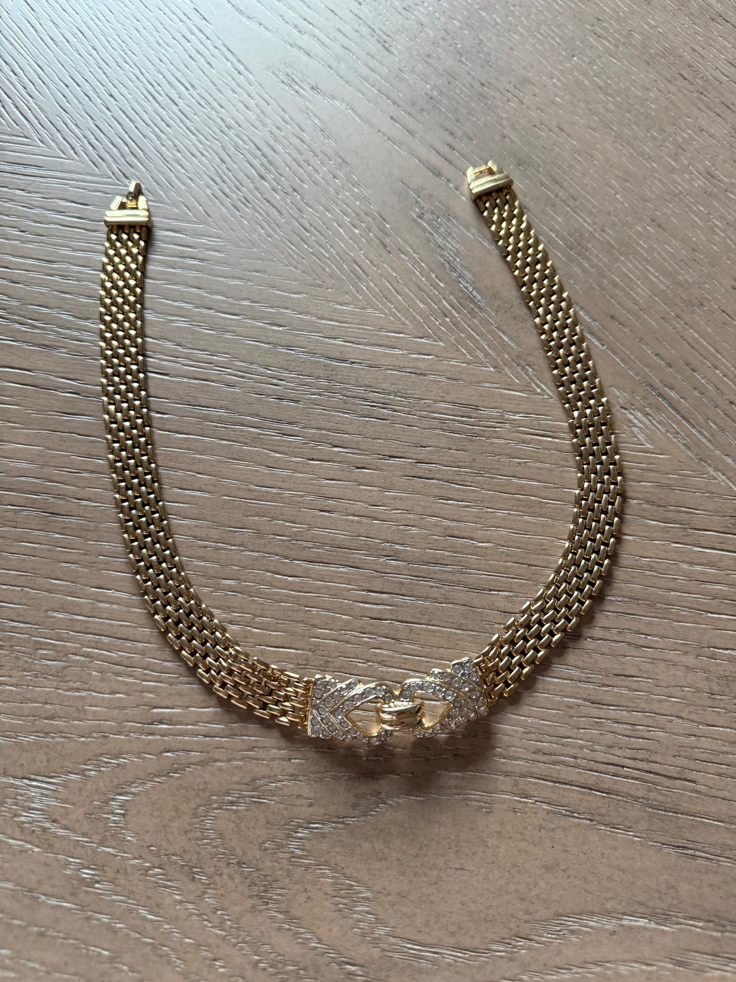 Vintage Panther Link Necklace With Rhinestone Center Detail