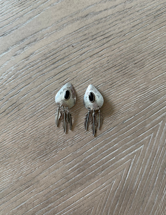 Vintage Sterling Silver & Black Onyx Clip Earrings