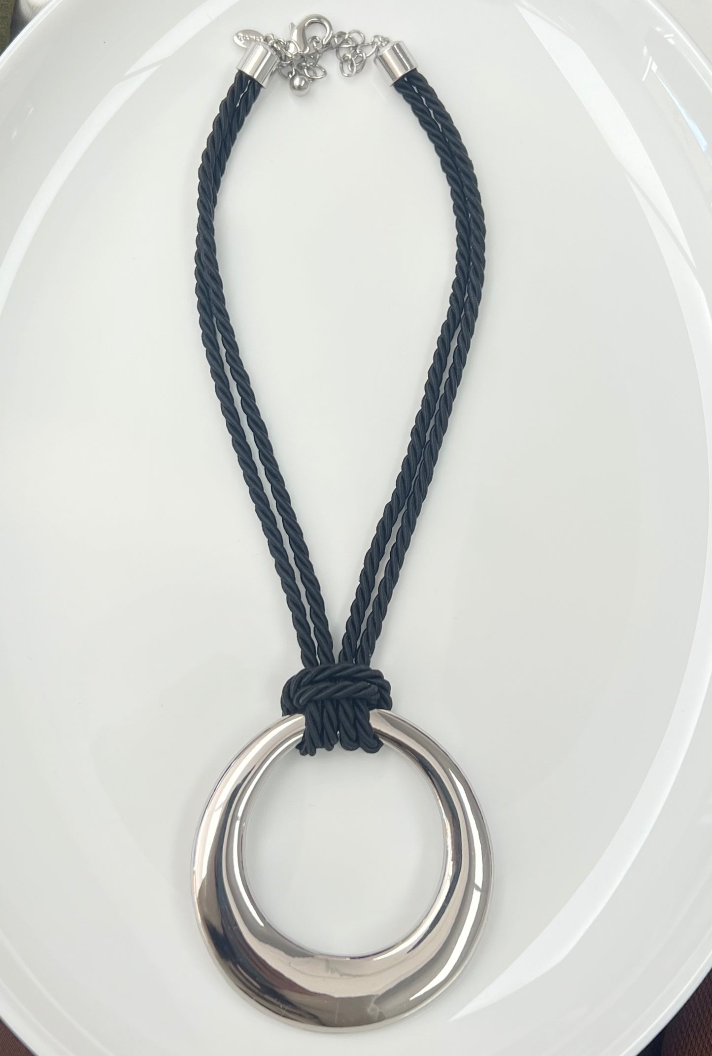 Black Rope Silver Ring Necklace