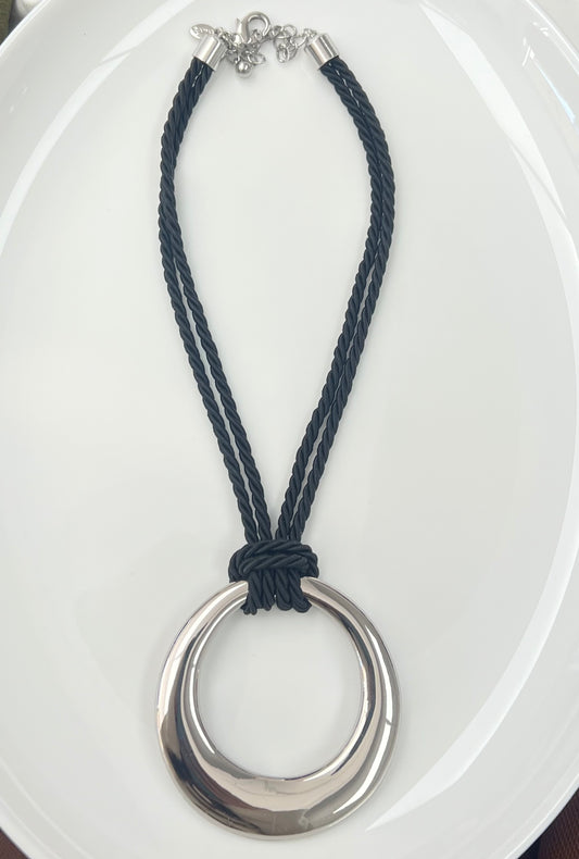 Black Rope Silver Ring Necklace