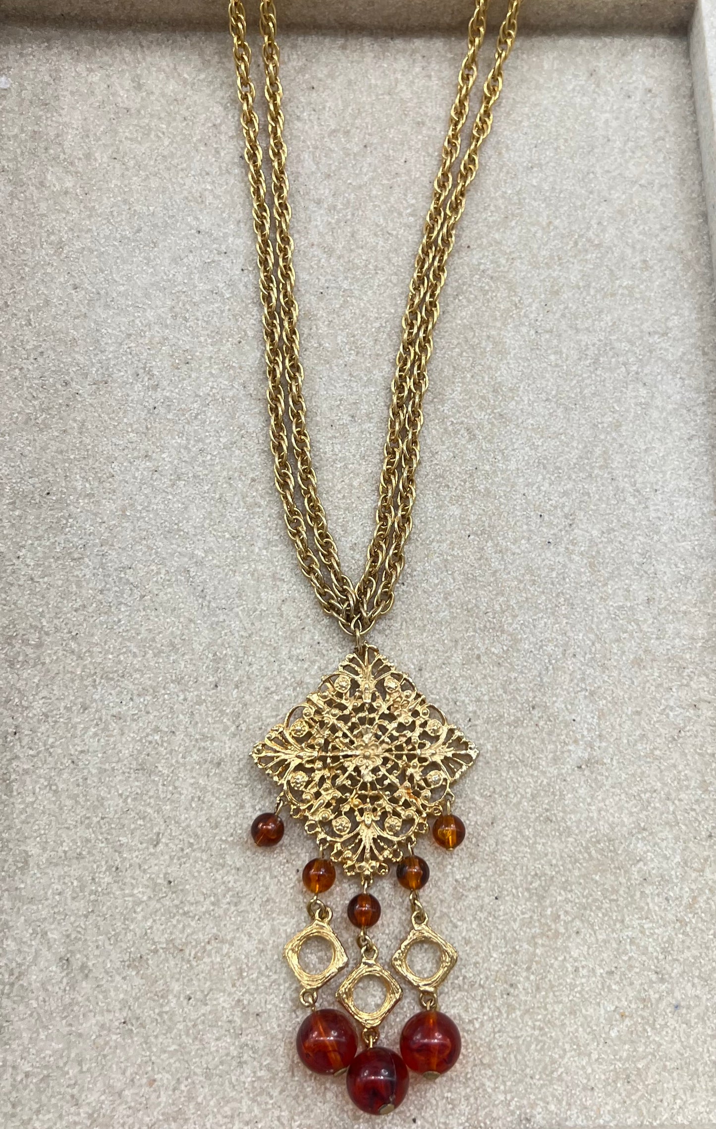 Gold Double Strand Amber Hanging Pendant
