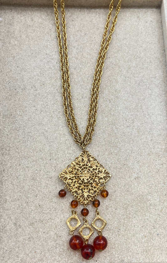 Gold Double Strand Amber Hanging Pendant