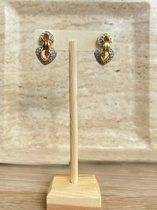 Vintage Gold And Crystal Dangle Heart Clip On Earrings