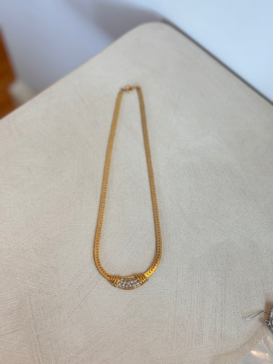 Vintage Rhinestone Pendant On Herringbone Chain
