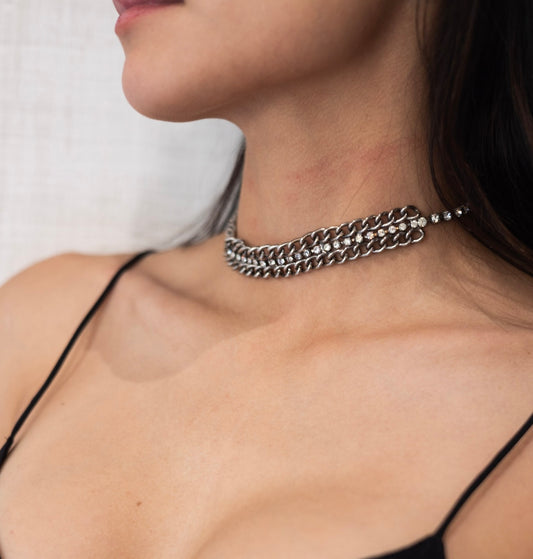 Vintage Silver Crystal And Chain Choker