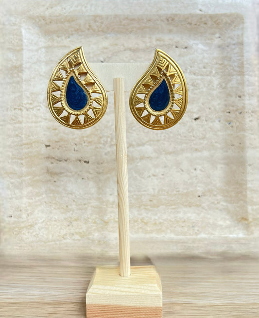 Vintage Paisley Clip On Antiqued Gold Navy Enamel Earrings