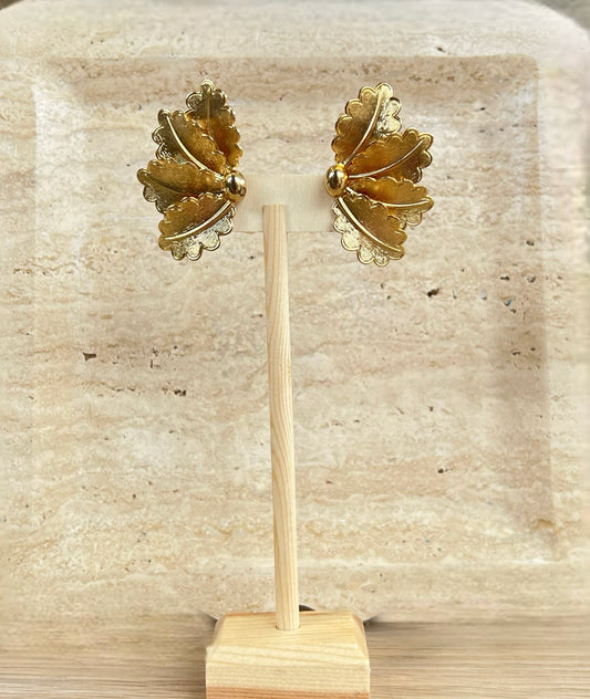 Brushed Gold Flower Petal Clip On Earrings