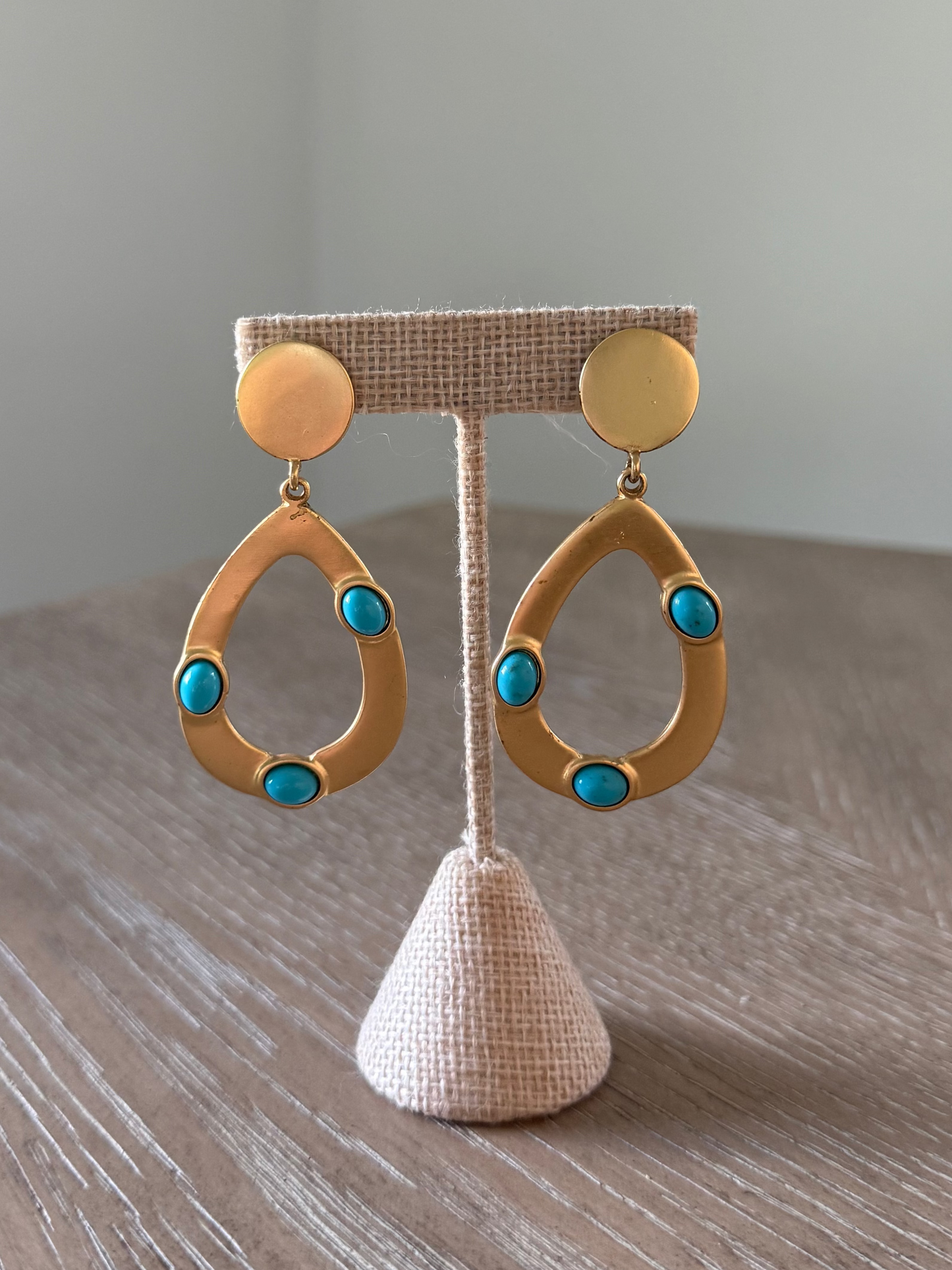 Vintage KJL Matte Gold Earrings With Faux Turquoise Stones