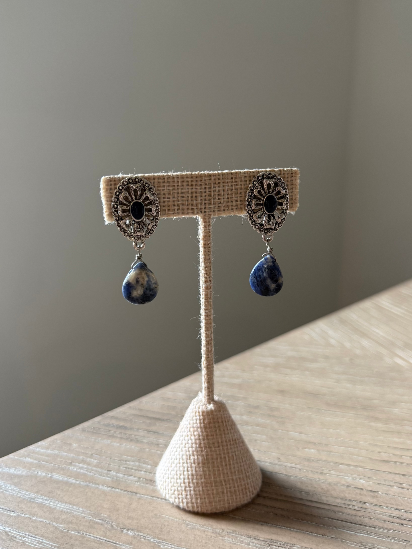 Vintage Natural Stone and Enameled Matte Silver Tone Dangle Clip Earrings