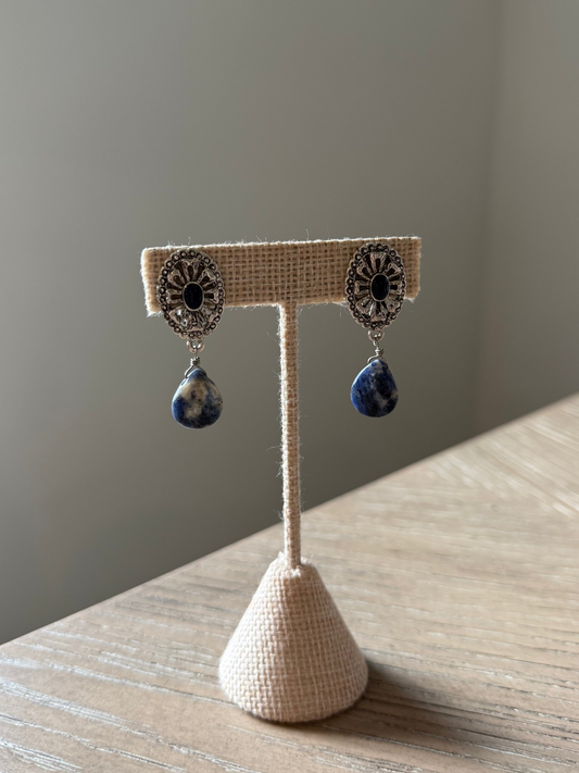 Vintage Natural Stone and Enameled Matte Silver Tone Dangle Clip Earrings