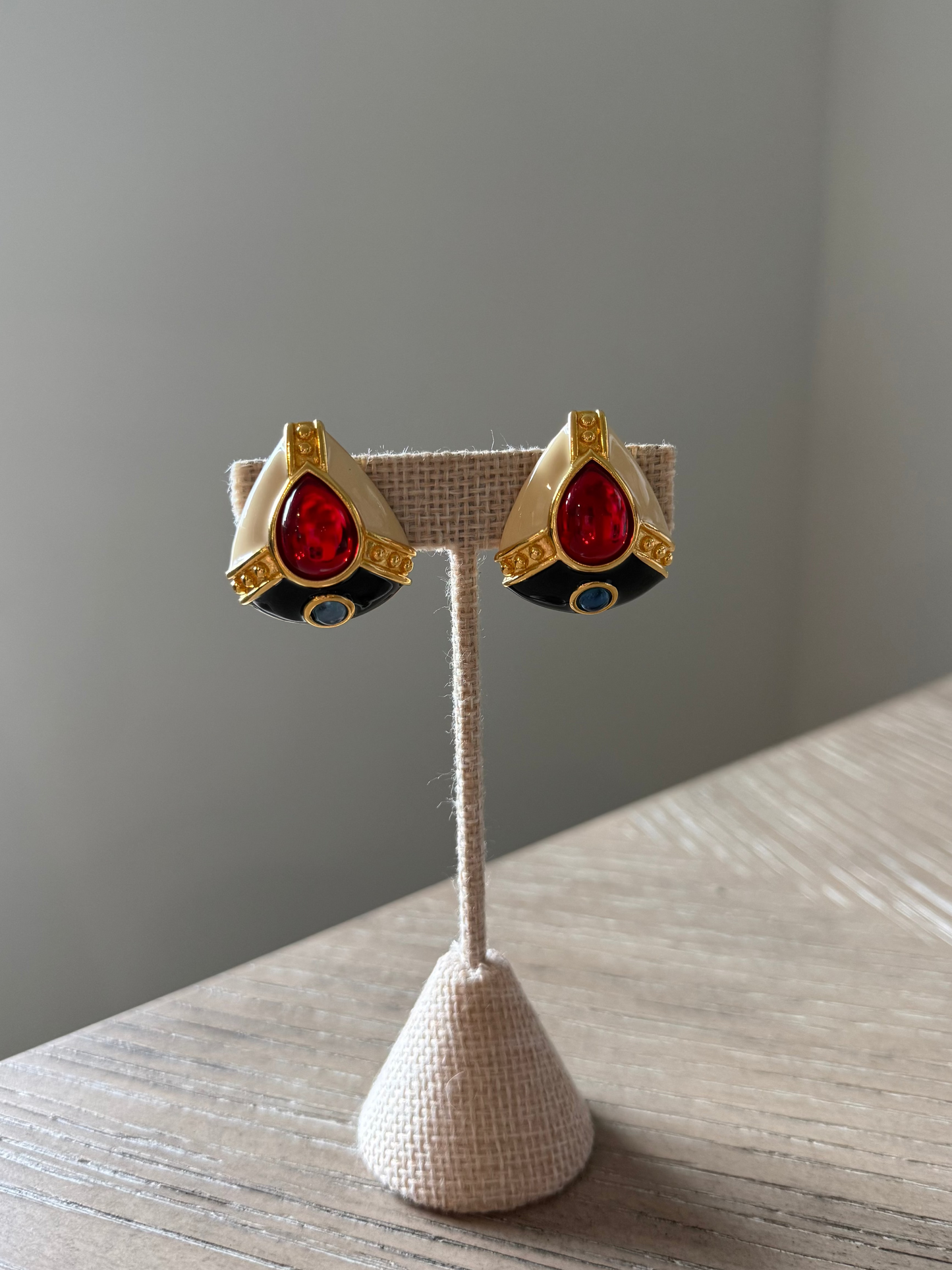 Vintage Joan Rivers Enameled Moghul Style Clip on Earrings Red Cabochon 1980s