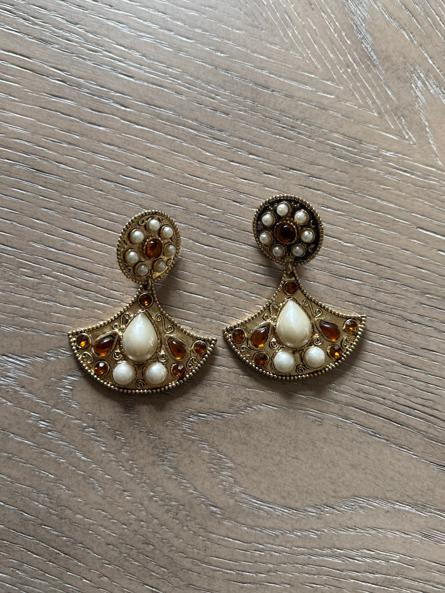 Vintage Stamped J Viking Style Articulating Faux Pearl and Cabochon Dangle Drop Clip Earrings