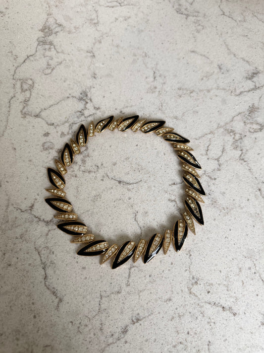 Ciner Gold Tone Black Enamel And Rhinestone Leaf Collar Necklace