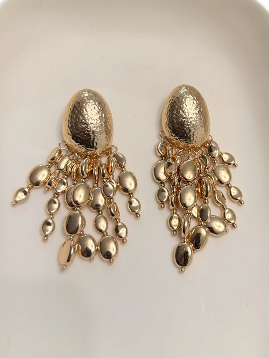 Hammered Oval Beaded Fringe Drop Earrings