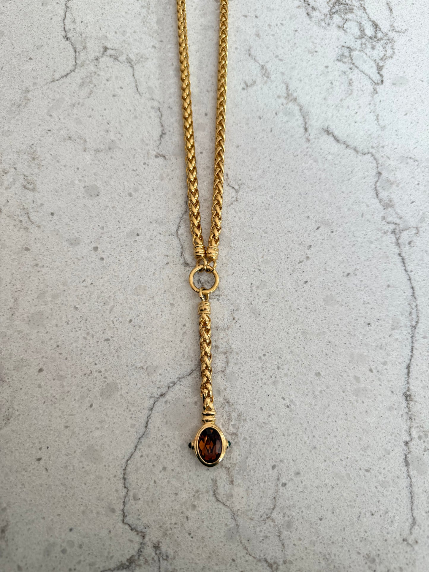 Vintage Gold Rope Chain Oval Amber Stone