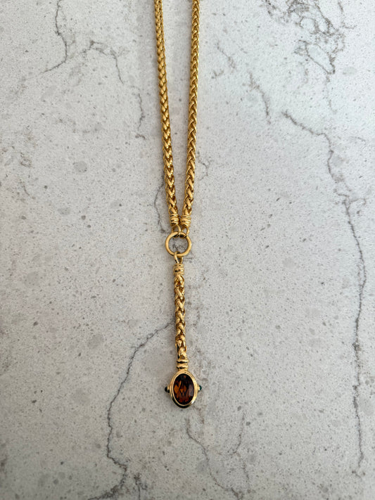 Vintage Gold Rope Chain Oval Amber Stone