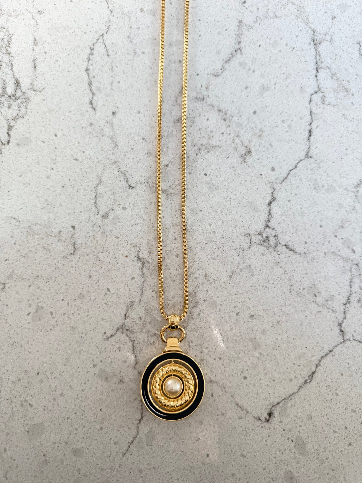 Vintage Reversible Black Enamel Gold pendant Necklace