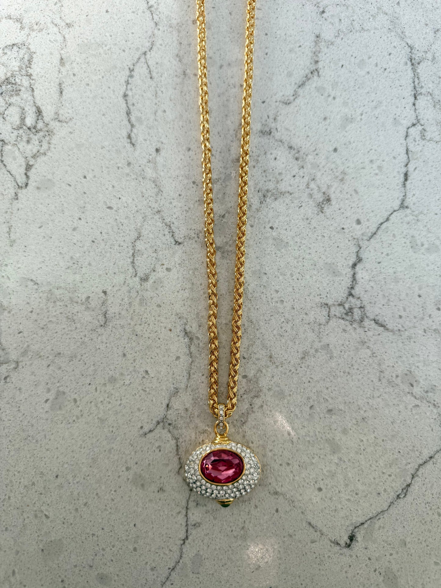 Vintage Reversible Gold Necklace With Pink Rhinestone