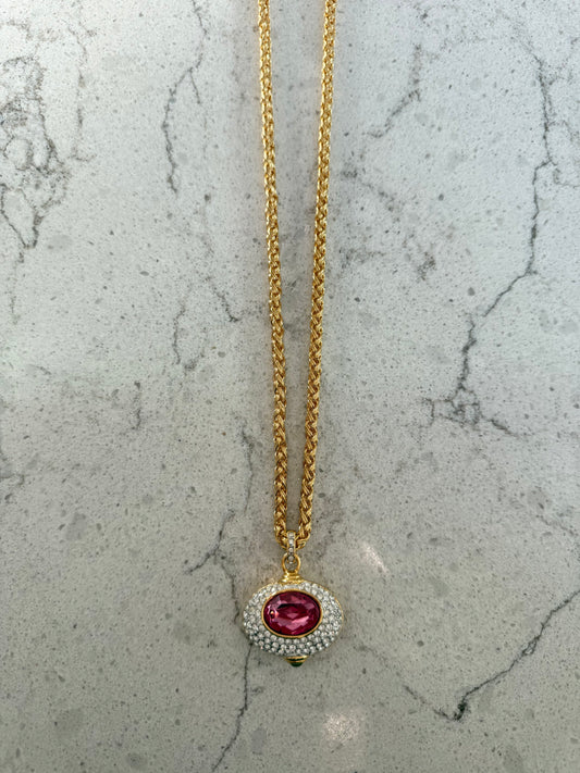 Vintage Reversible Gold Necklace With Pink Rhinestone
