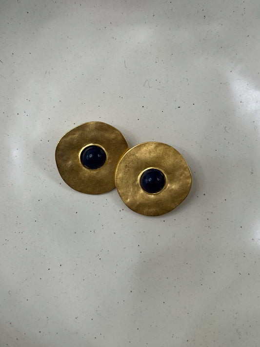 Gold and Deep Blue Hammered Earring