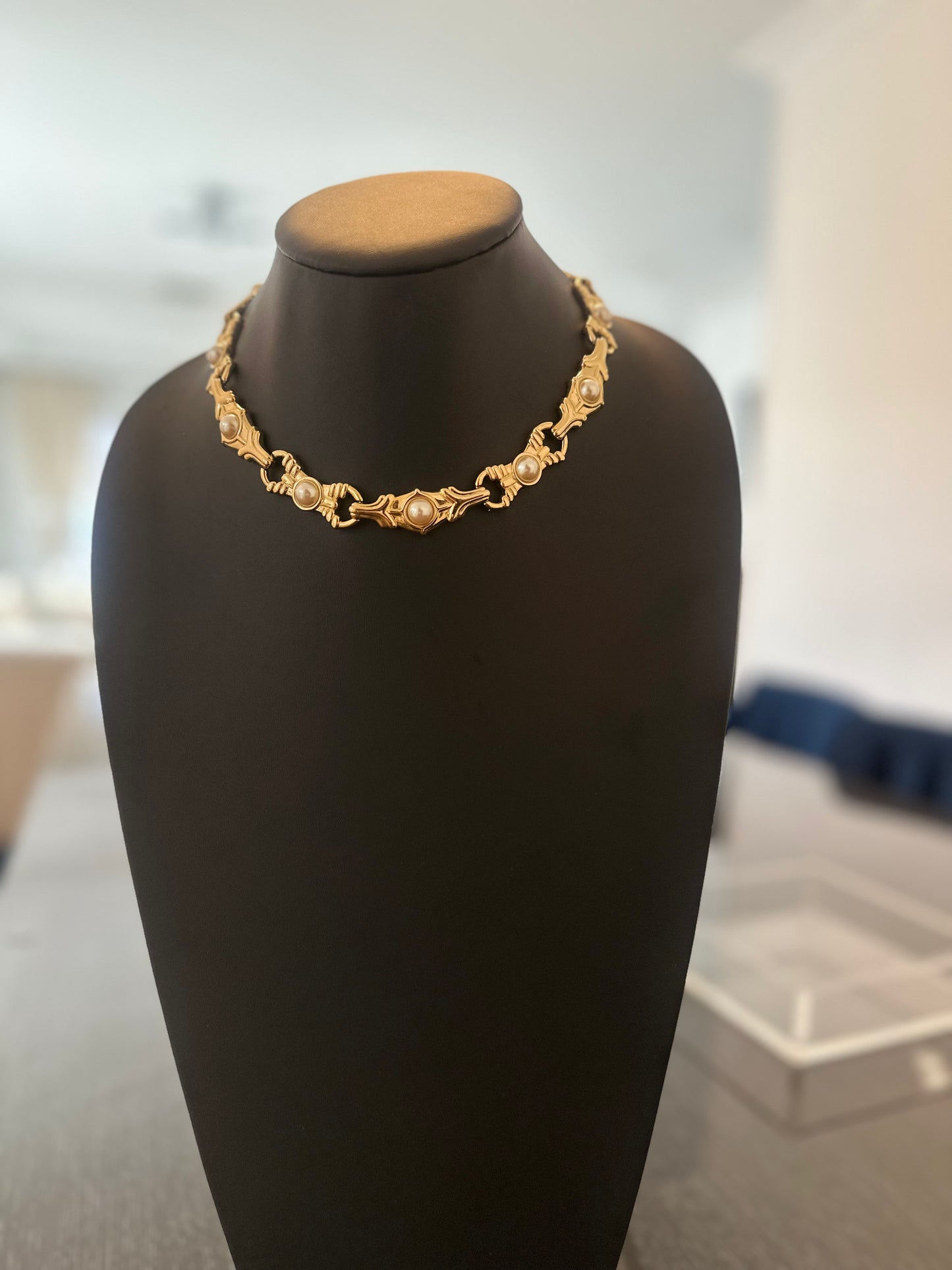 Gold Link And Pearl Collar Necklace