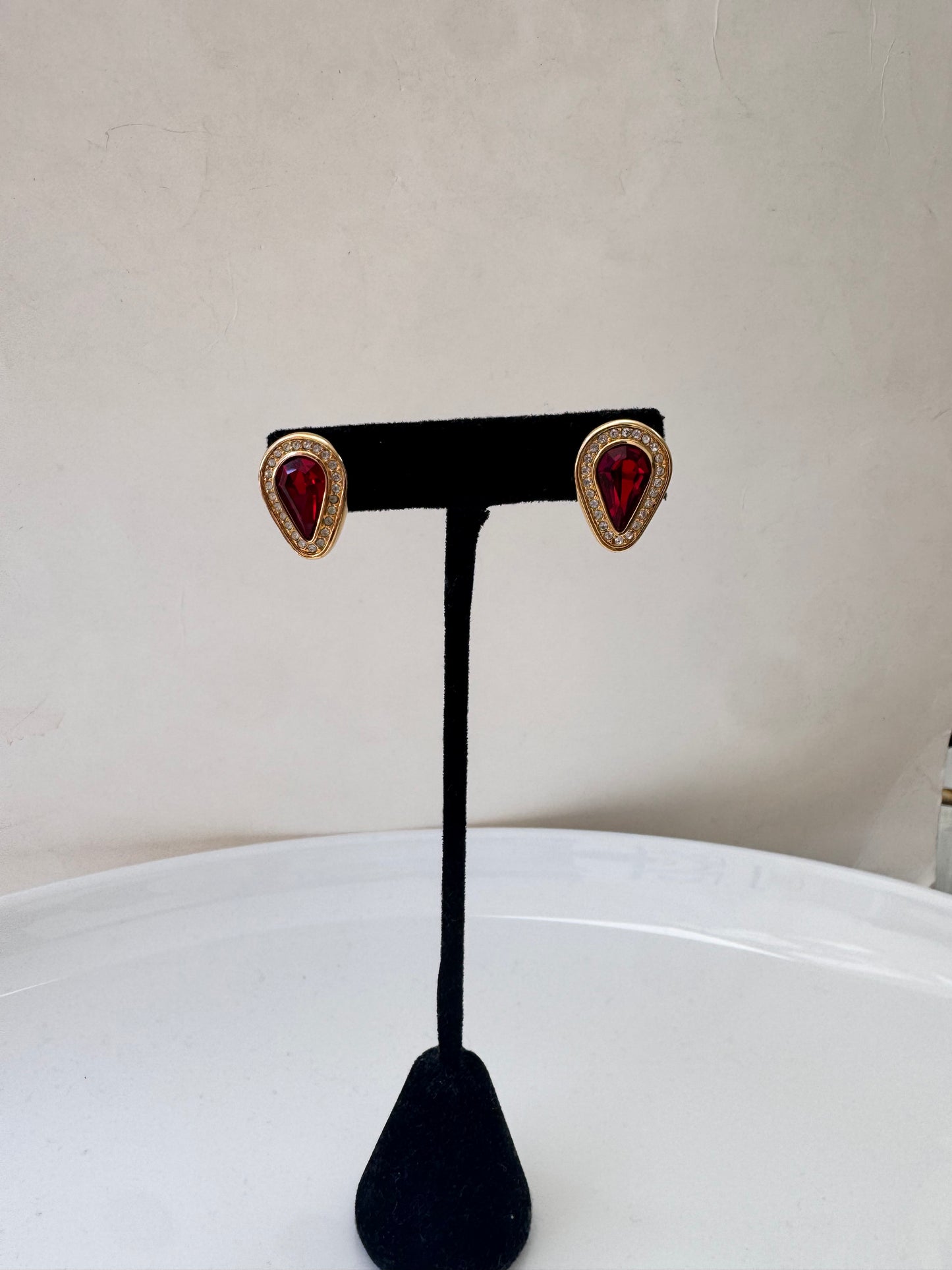 Gold Tone Ruby Red Crystal Earrings