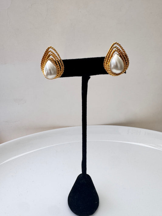 Clip On Gold Twisted Pearl Earrings