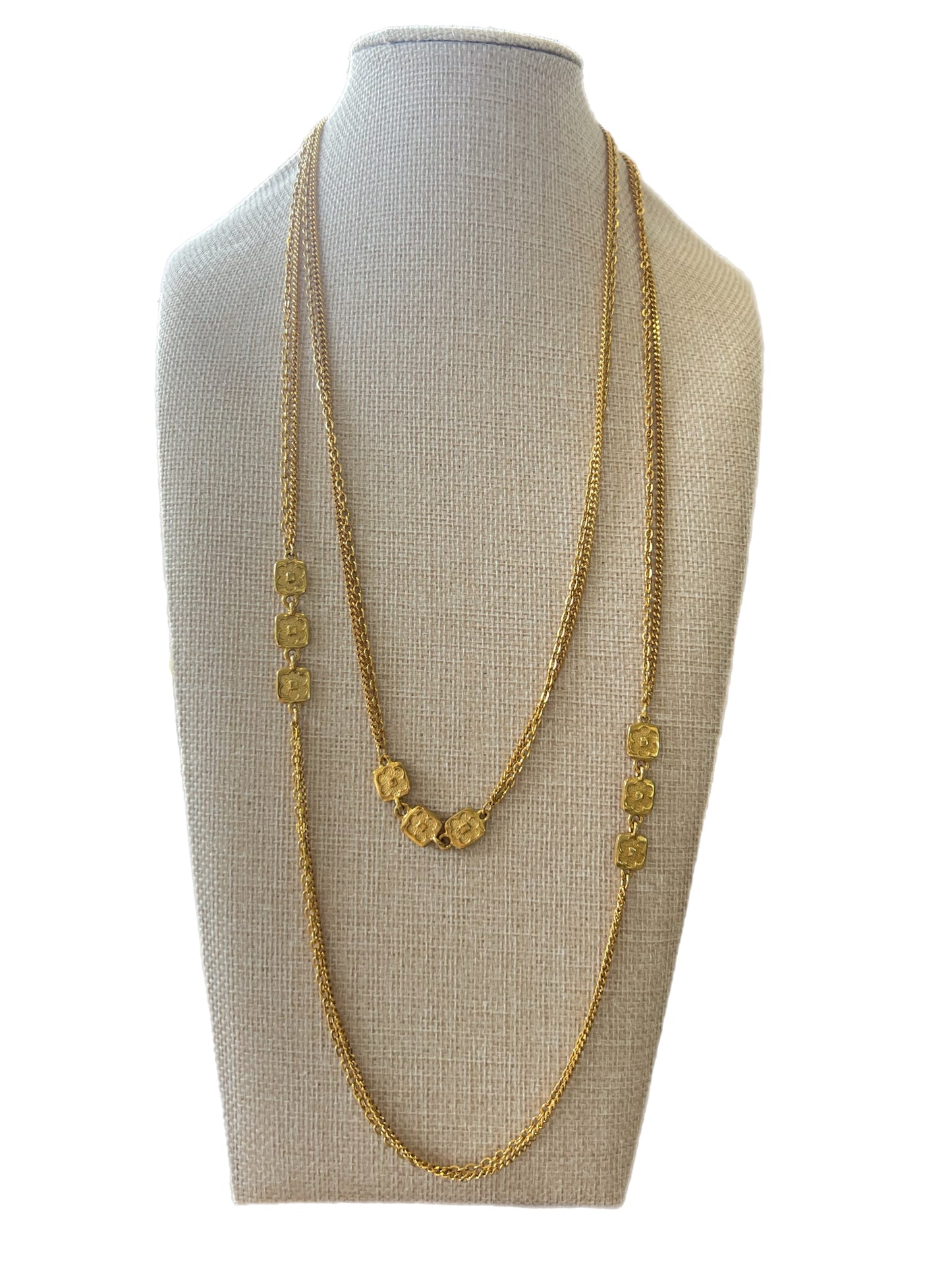 Vintage Gold Chain And Square Flowers Double & Triple Strand Long Necklace