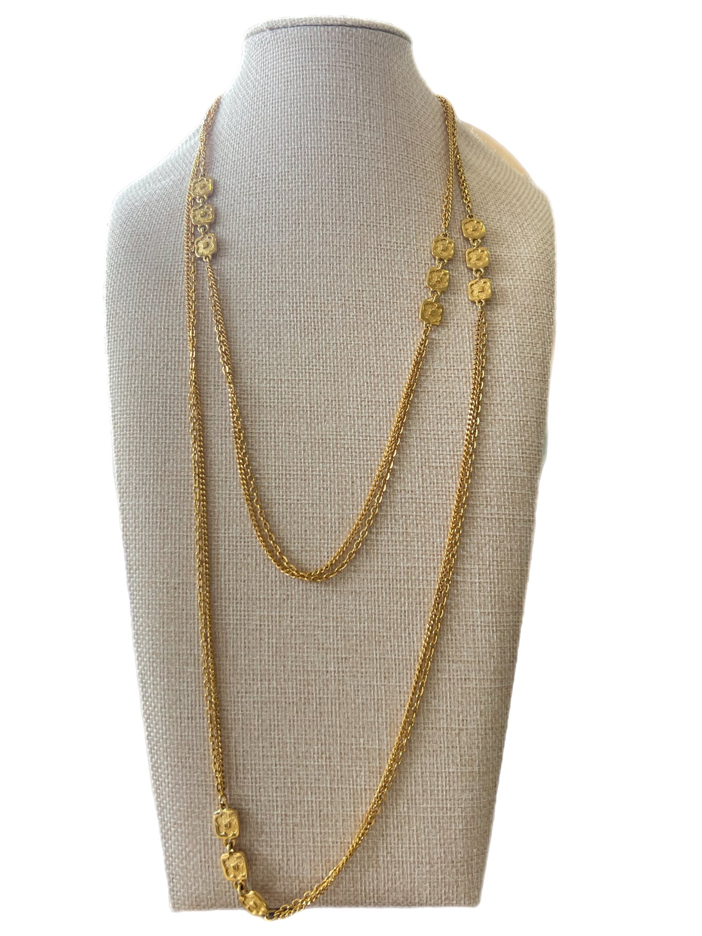 Vintage Gold Chain And Square Flowers Double & Triple Strand Long Necklace
