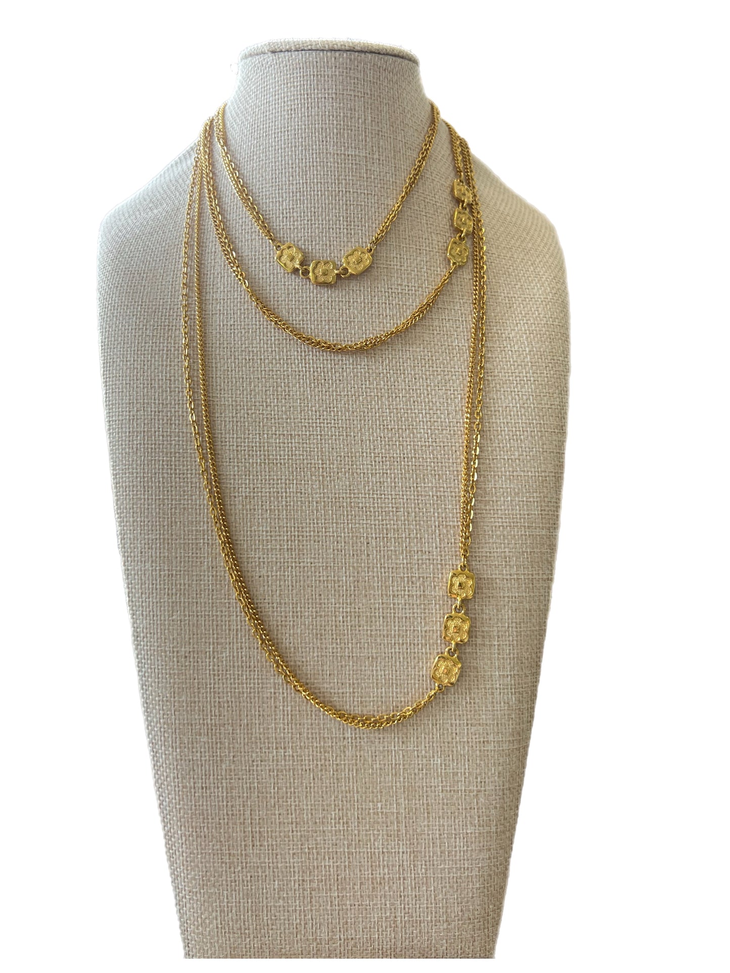 Vintage Gold Chain And Square Flowers Double & Triple Strand Long Necklace