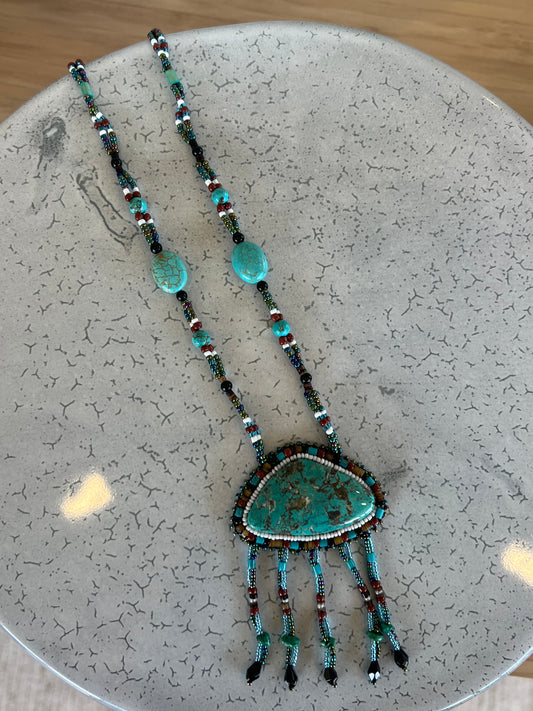 Vintage Turquoise Beaded Tassel Pendant Necklace