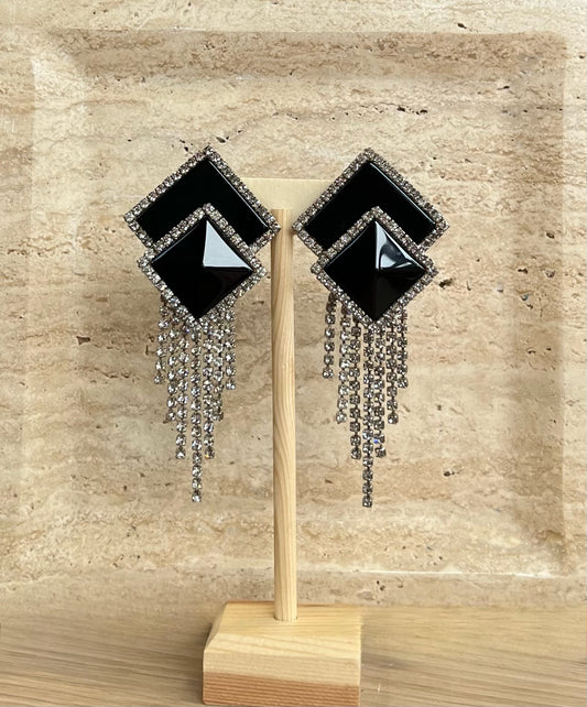 Vintage  Black & Crystal Dangle Clip On Earrings