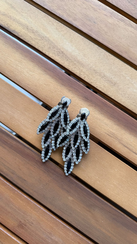 Vintage Black And Rhinestone Feather Long Earrings