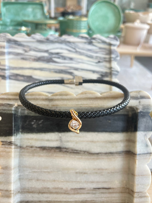Black Twisted Leather Rope With Diamond Pendant