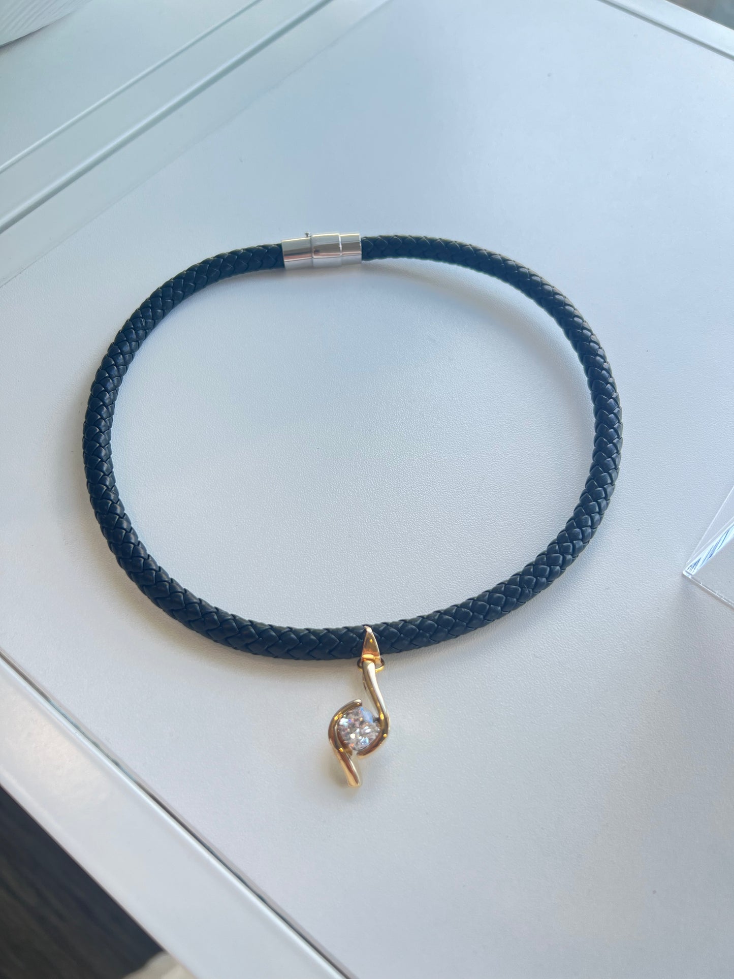 Black Twisted Leather Rope With Diamond Pendant